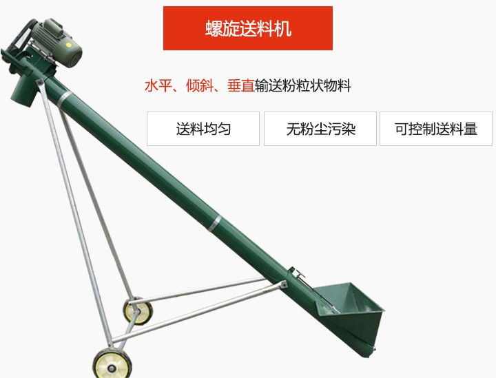 螺（luó）旋送料機適用於水平或傾斜輸送（sòng）粉狀、粒狀和小塊狀物料，密封效果好（hǎo）
